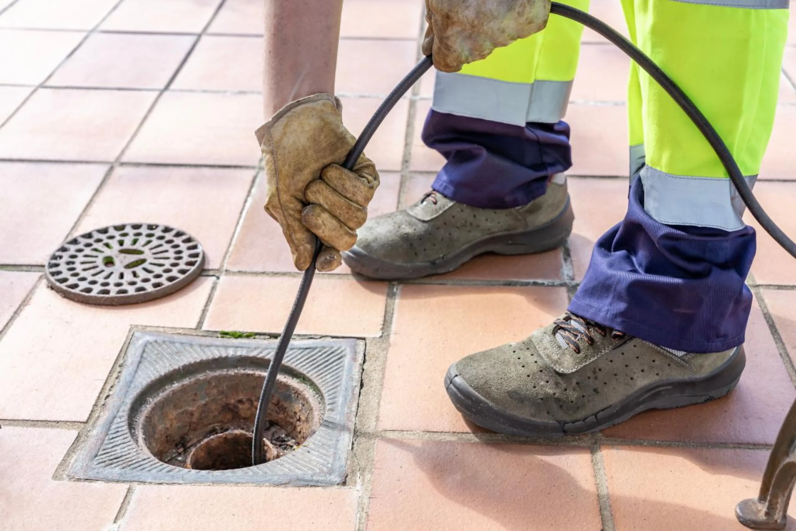 Blocked drain plumber clearing a drainage pipe in Emerald, Queensland.