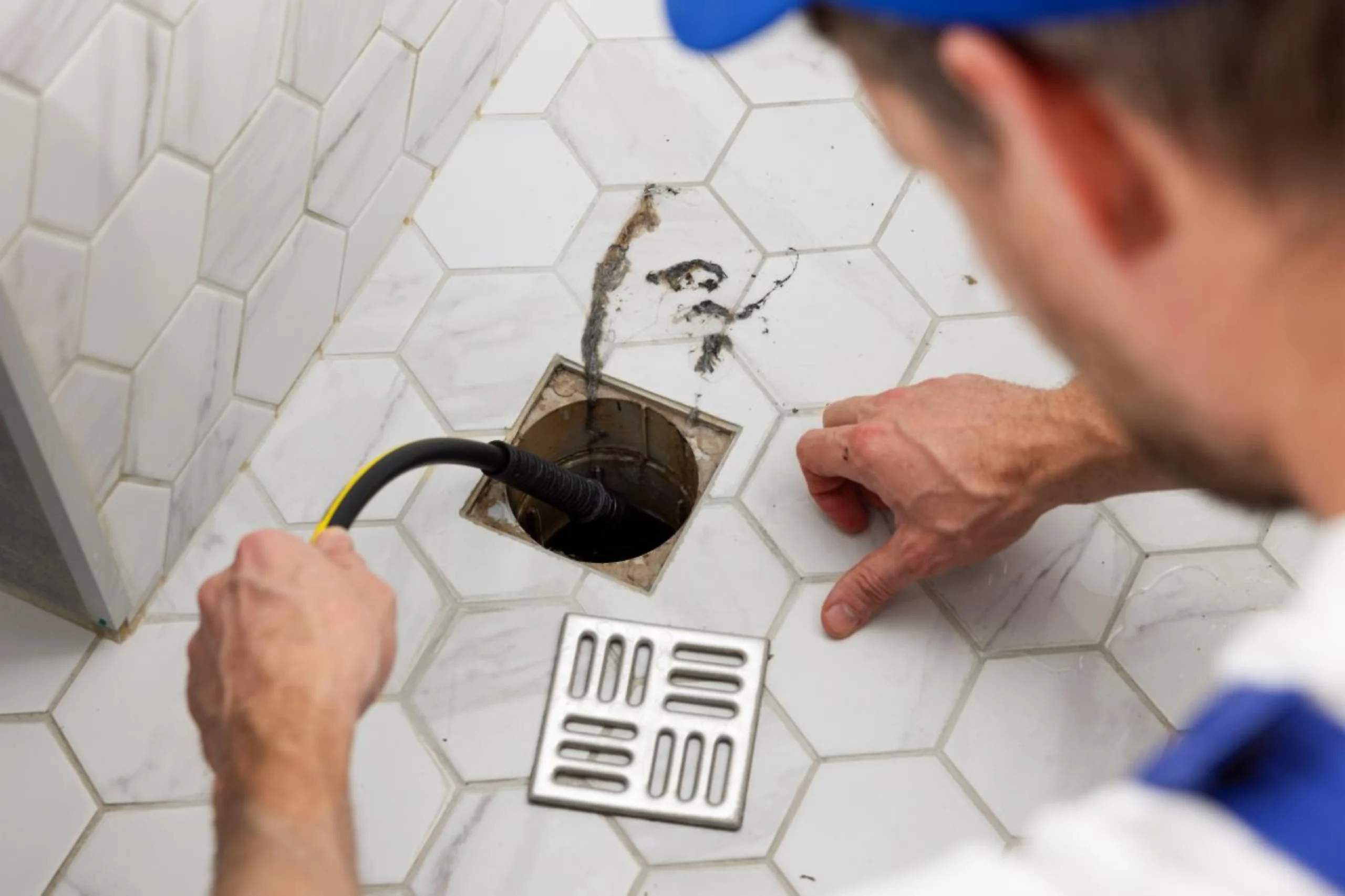 Plumber feeding a high-pressure hydro jetting hose into an open bathroom shower floor drain to clear hair and sludge blockage.