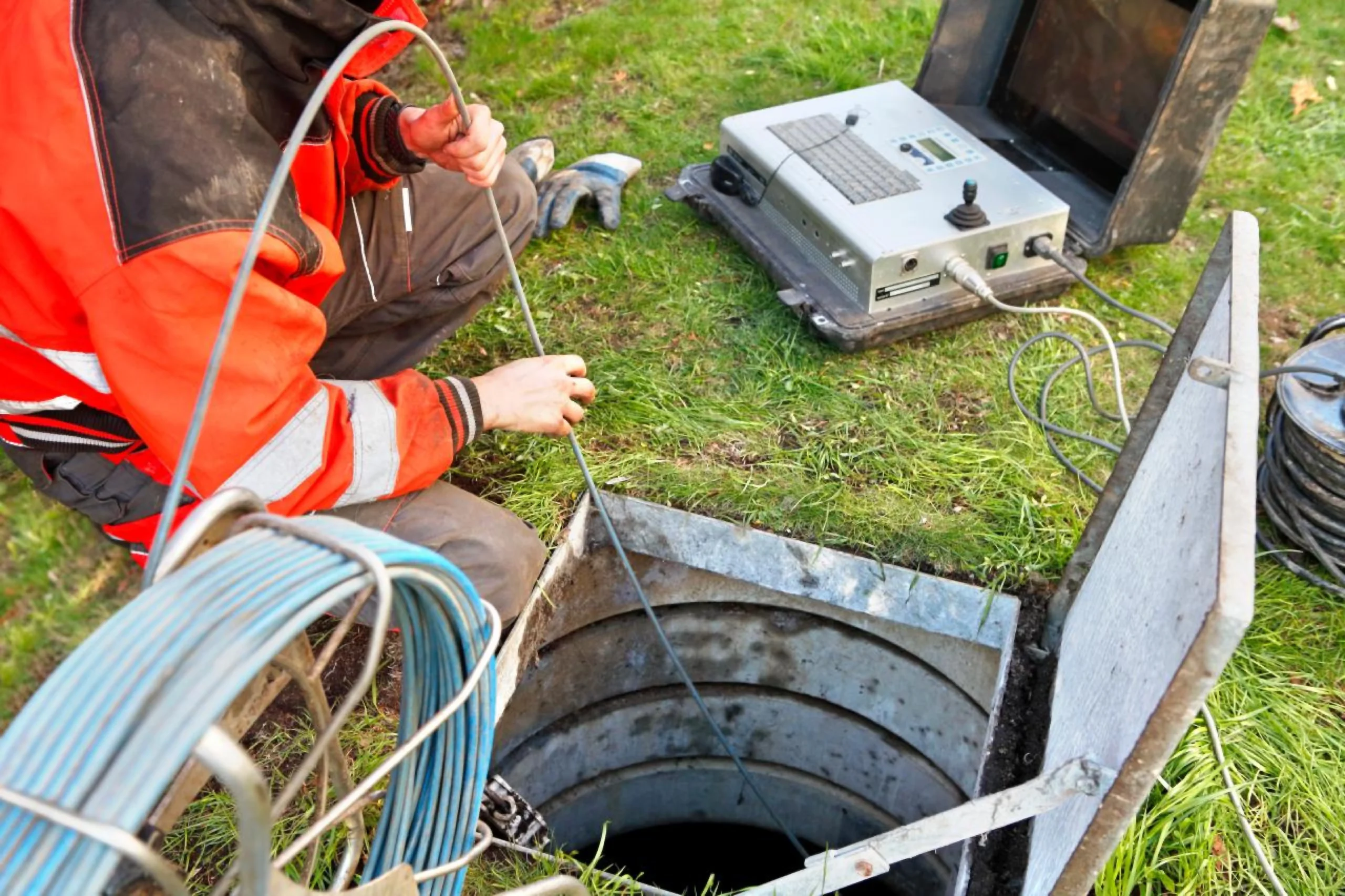 "Plumber performing a CCTV sewer drain camera inspection using diagnostic monitor equipment at an underground access pit."
